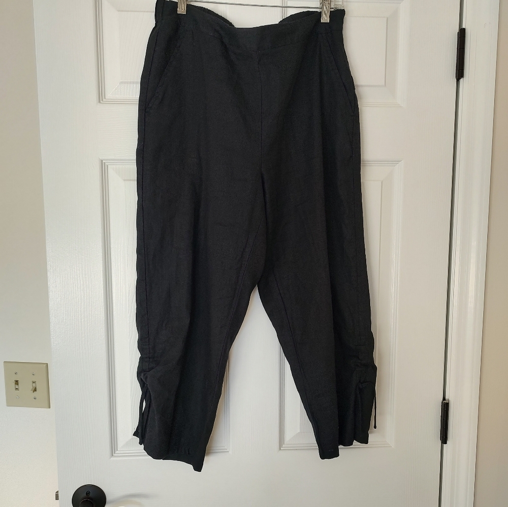 Habitat Black Linen Cotton Blend Ruched Tie Leg Pull On Crop Pants Pockets M